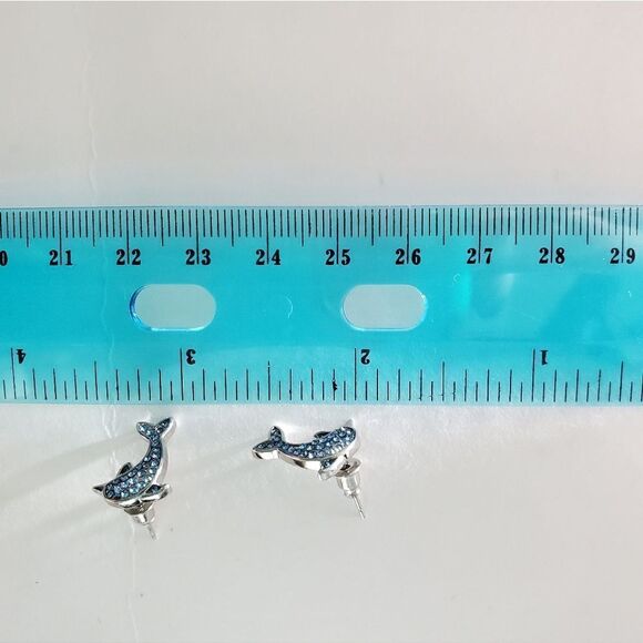 Dainty Round Cut Cluster Blue Sapphire Dolphin Earrings on 925 Sterling Silver - Picture 4 of 4